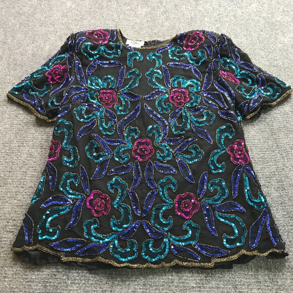 Vintage Patra Top Womens 1X Sequin Embroidered‎ Silk Floral Party Evening Wear - Picture 1 of 12